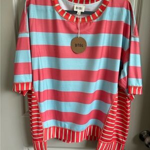 BiBi Coral and Sky Striped Short Sleeve Top